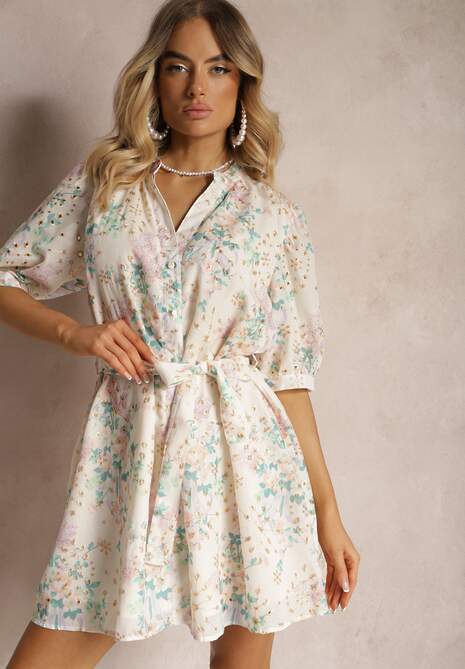 Beżowo-Różowa Sukienka o Trapezowym Kroju w Drobne Kwiaty z Materiałowym Paskiem w Talii Ciratia