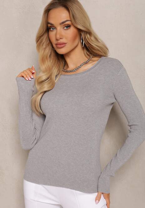 Szary Dopasowany Sweter z Prążkowanej Dzianiny Bionessa