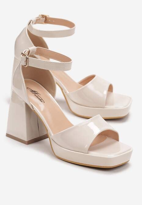 Beżowe Lakierowane Sandały z Kwadratowym Noskiem na Słupku Arephne