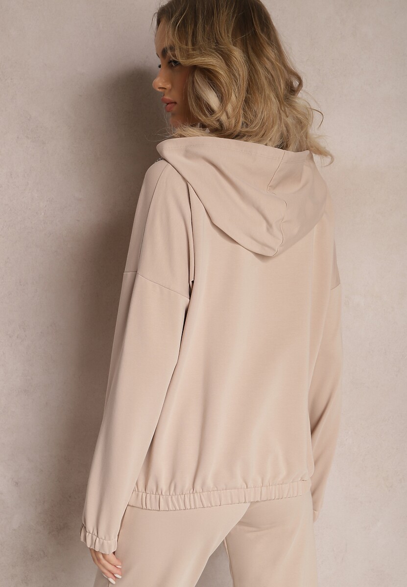 Beżowa Asymetryczna Bluza z Bawełny z Kapturem i Ozdobnym Suwakiem Lueur