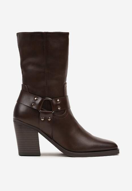 Brązowe Ocieplane Botki na Stożkowym Obcasie z Ozdobną Klamrą Verinique