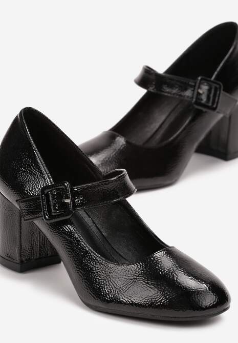 Czarne Lakierowane Czółenka na Obcasie z Paskiem z Klamrą Tablione