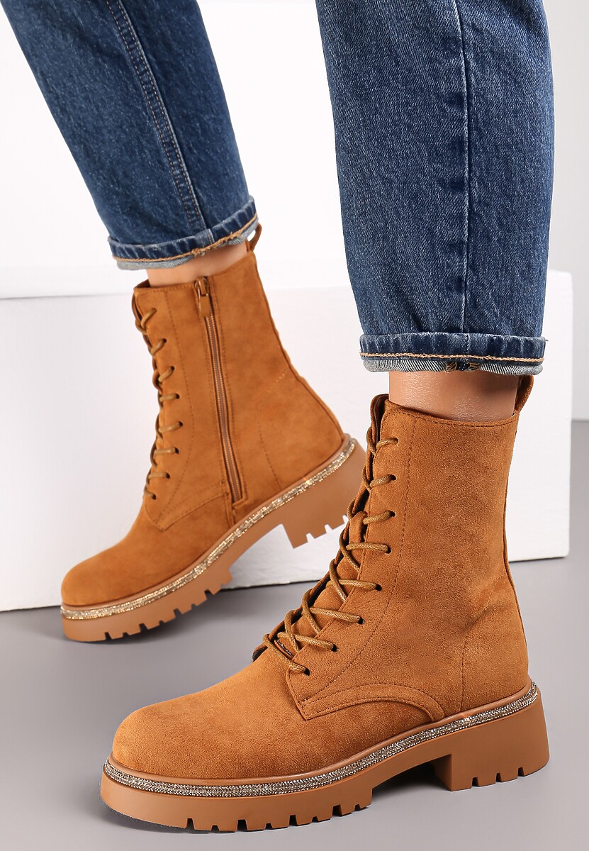 Brązowe Botki Zdobione Paskiem z Cyrkoniami Lyra