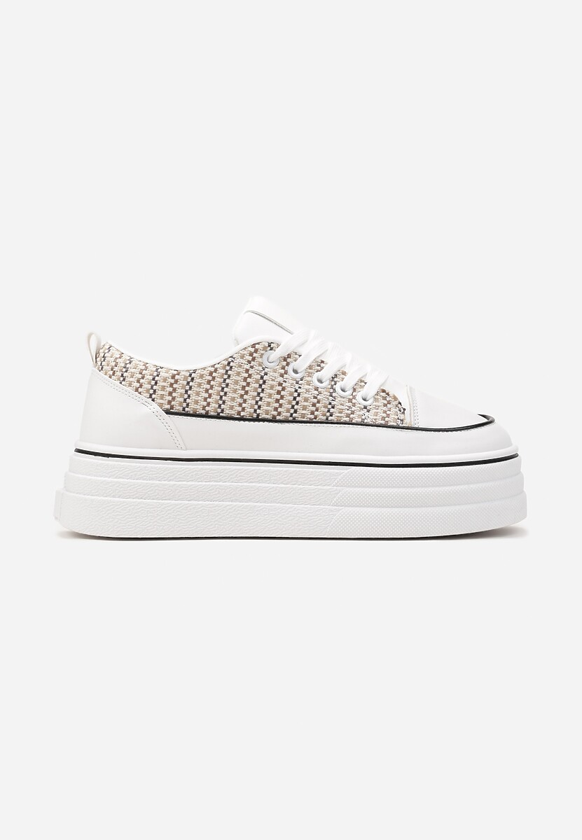 Beżowe Krótkie Trampki na Wysokiej Platformie z Tweedową Wstawką Grogamia