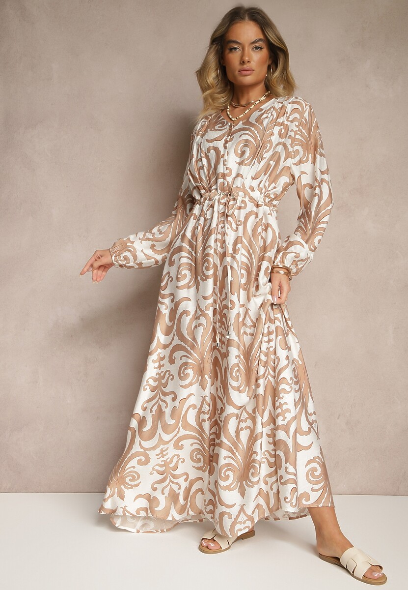 Niebieska Sukienka z Wiskozą o Rozkloszowanym Kroju w Abstrakcyjny Print Ridirinda