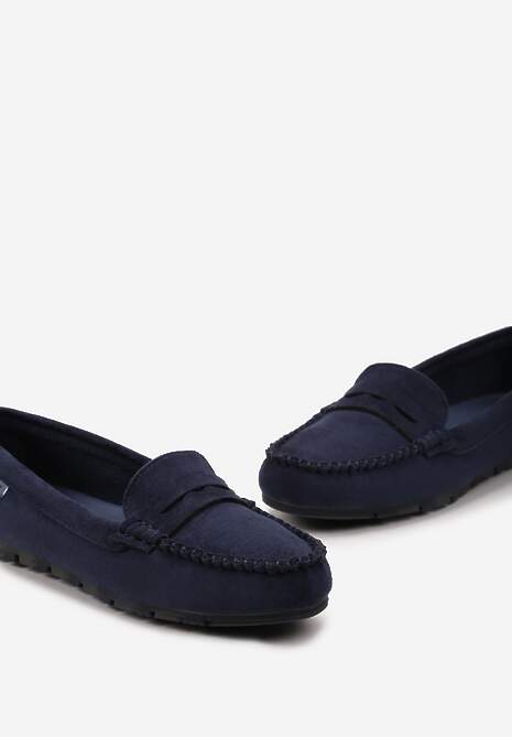 Granatowe Płaskie Mokasyny o Klasycznym Fasonie z Przeszyciem Wenniva