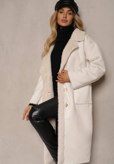 Jasnobeżowy Jednorzędowy Płaszcz Futerko z Imitacji Zamszu z Kieszeniami Etanielis