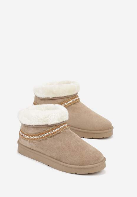 Ciemnobeżowe Rustykalne Śniegowce z Imitacji Zamszu z Haftem i Futerkiem Zetilda