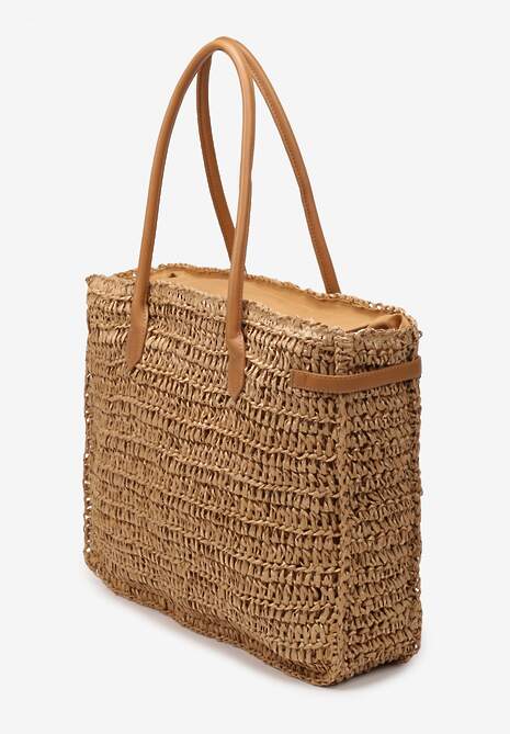 Beżowa Pleciona Torebka o Dużym Fasonie Tote w Stylu Boho Emerria