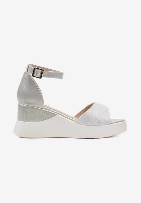 Srebrne Sandały na Klasycznym Koturnie z Platformą Zapinane Wokół Kostki Denrietta
