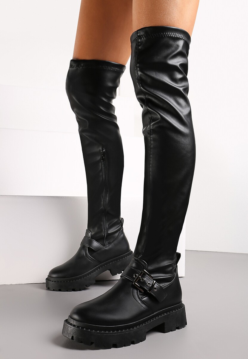 Czarne Kozaki za Kolano na Grubej Podeszwie Ismara