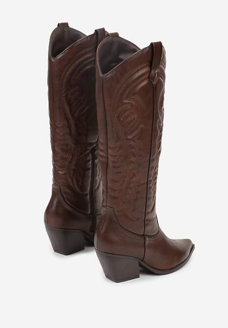 Brązowe Kozaki Kowbojki na Stożkowym Obcasie Zdobione Przeszyciami Lumifera