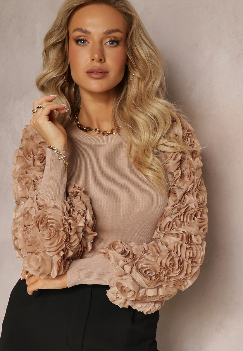 Czarny Dopasowany Sweter z Bufiastymi Zdobionymi Rękawami Theoris