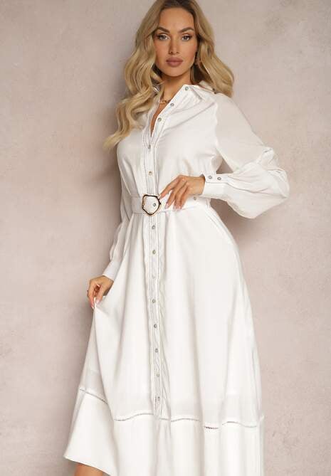 Biała Rozpinana Sukienka z Materiałowym Paskiem i Klamrą Kastria