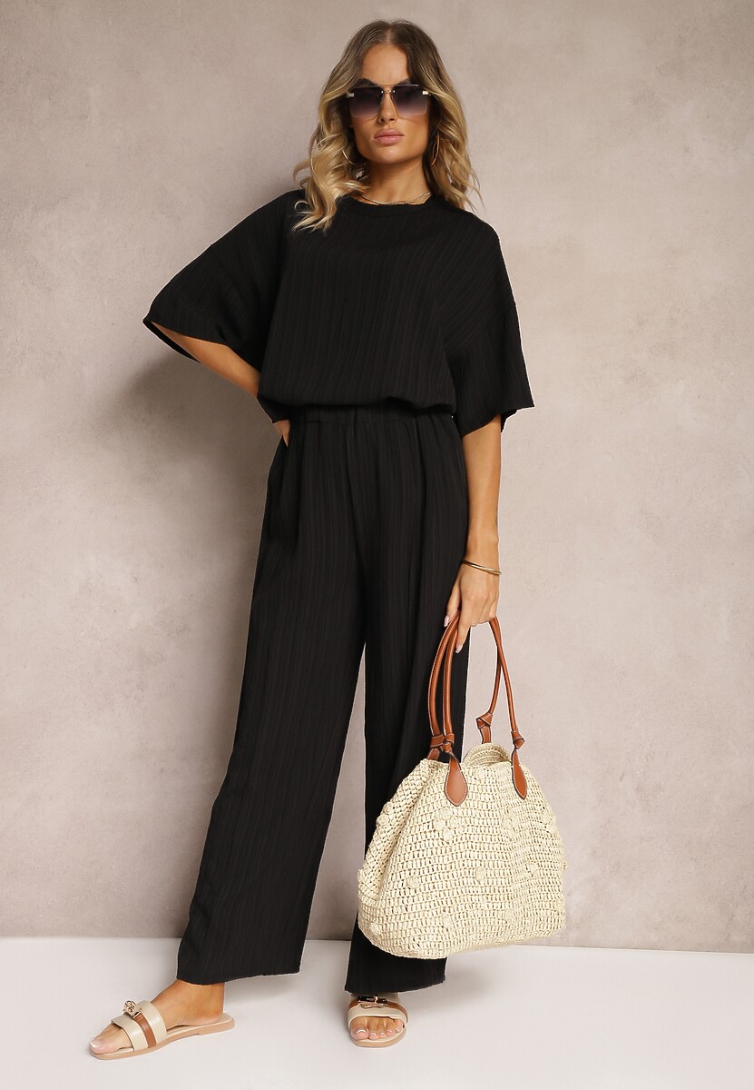 Niebieski Oversizowy Komplet z Wiskozą Luźna Bluzka i Proste Spodnie Varlivia