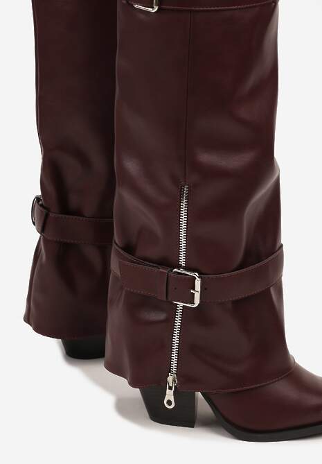 Bordowe Kozaki na Stożku z Cholewką Imitującą Nogawkę z Klamrami i Suwakiem Erseria