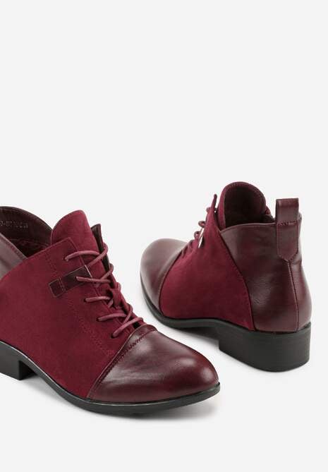 Bordowe Botki Vices ze Sznurowaną Cholewką i Wstawkami z Imitacji Zamszu Atavitte