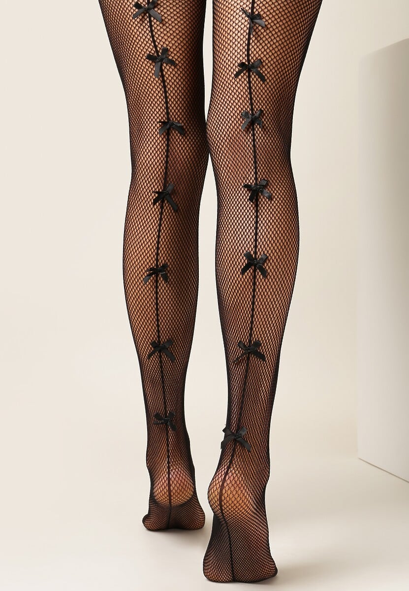 Czarne Rajstopy Kabaretki z Kokardkami z Tyłu Sarascha