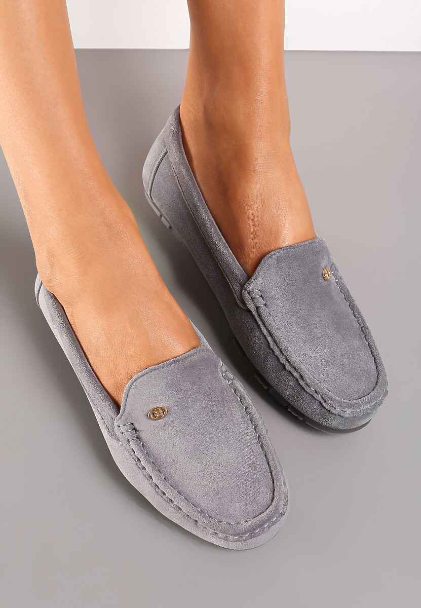 Szare Klasyczne Mokasyny z Ekozamszu z Wkładką ze Skóry Naturalnej Nemese