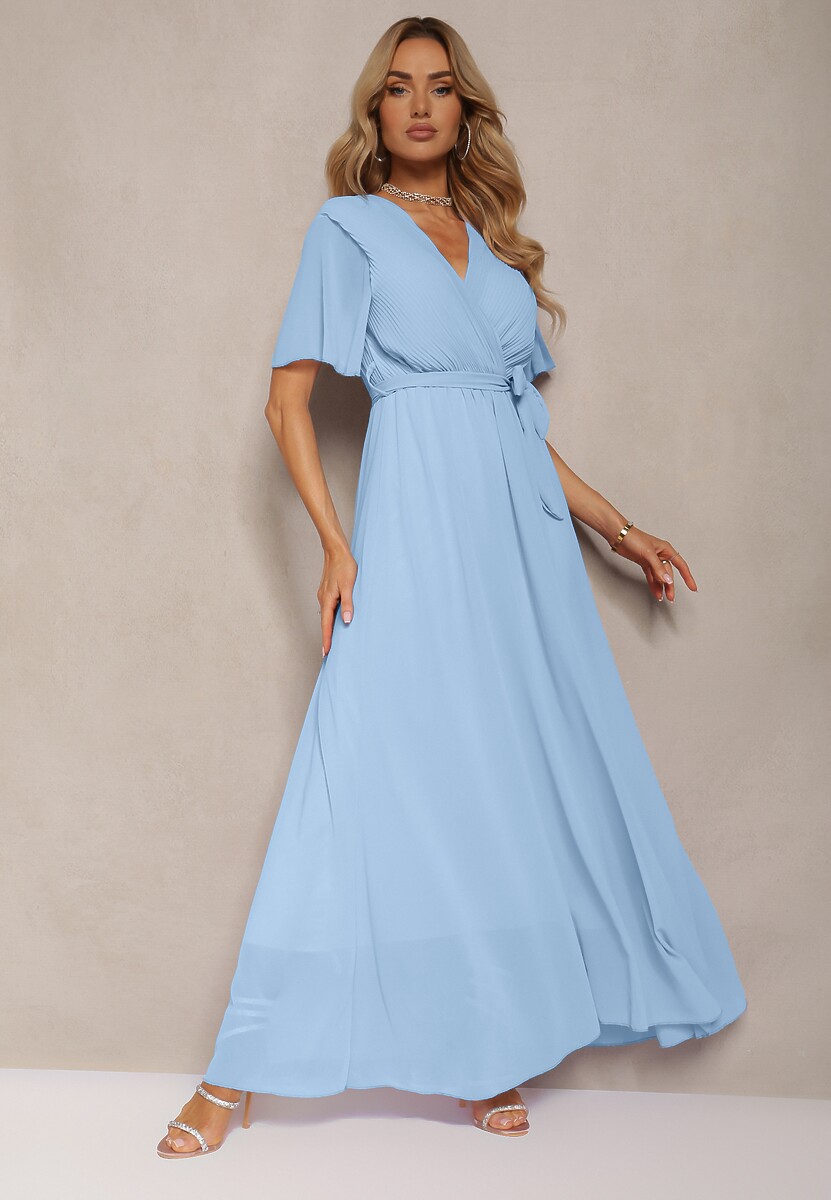 Niebieska Plisowana Sukienka z Kopertowym Dekoltem i Gumką w Talii Dimitris