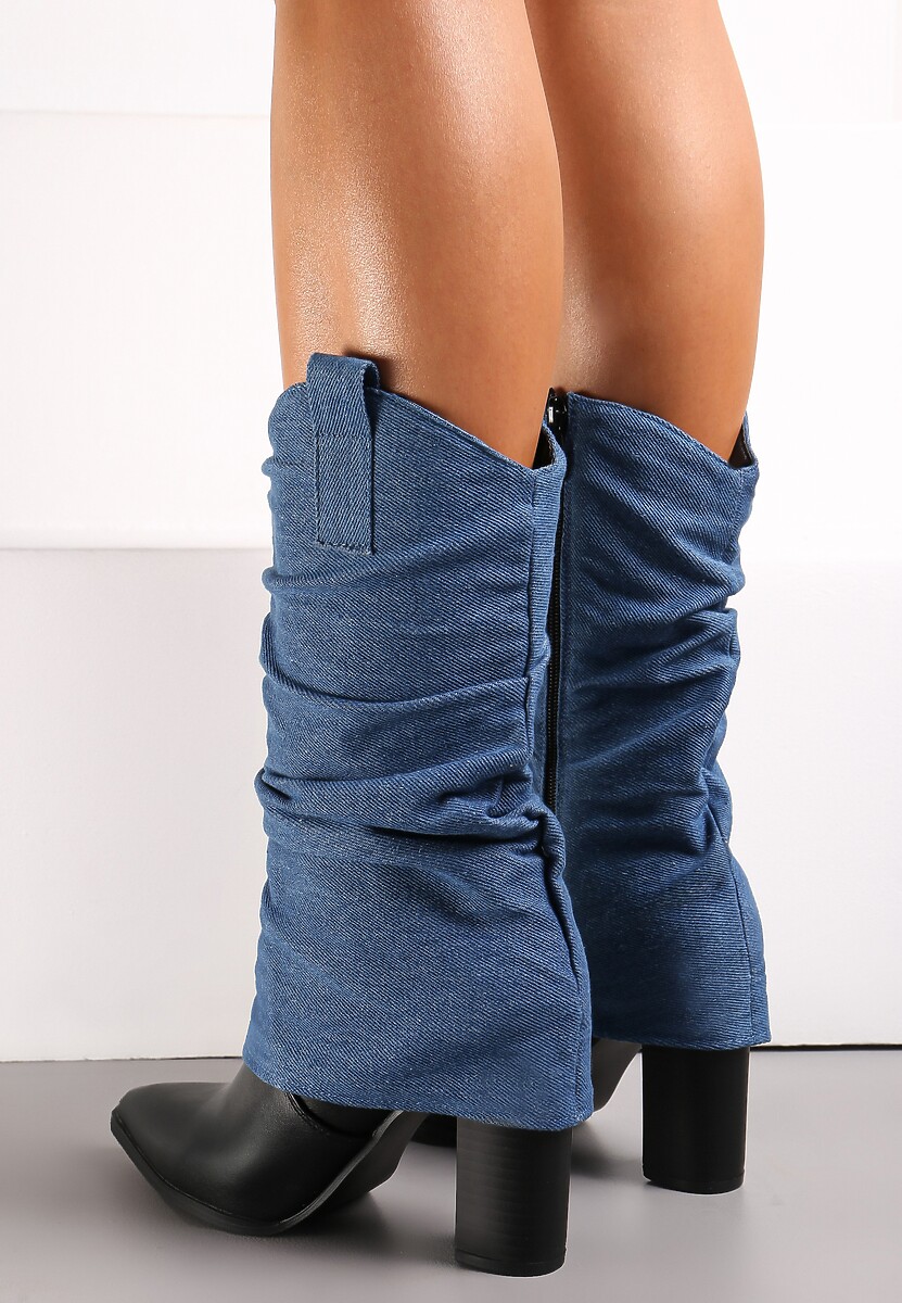 Niebieskie Kowbojki Kozaki na Obcasie z Wywiniętą Marszczoną Cholewką Vilimaini