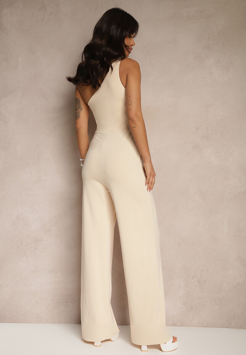Jasnobeżowy Kombinezon Asymetryczny na Jedno Ramię z Długimi Nogawkami i Kieszeniami Efridelle