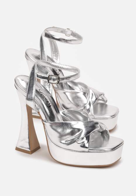 Srebrne Sandały na Wysokim Słupku i Platformie z Ozdobnym Paskiem Rupina