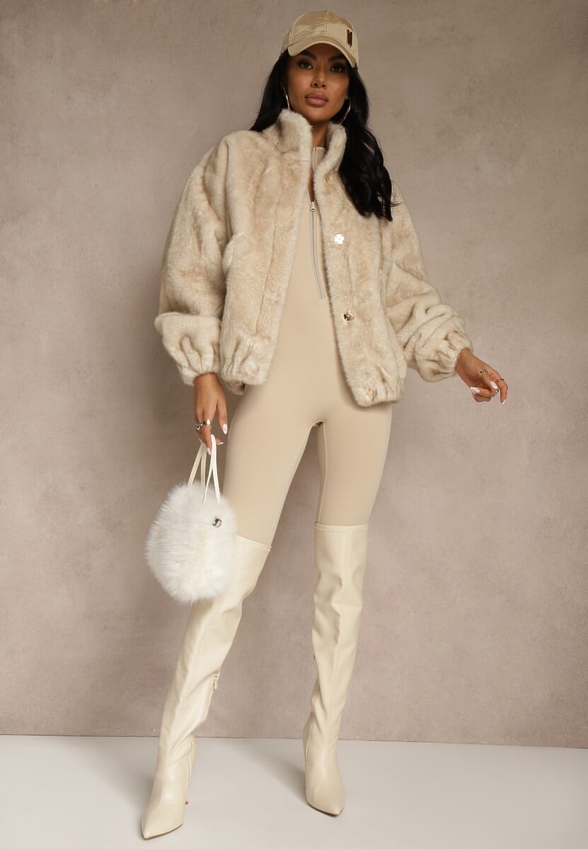 Beżowa Futrzana Kurtka Bomberka z Kieszeniami Tiwedela