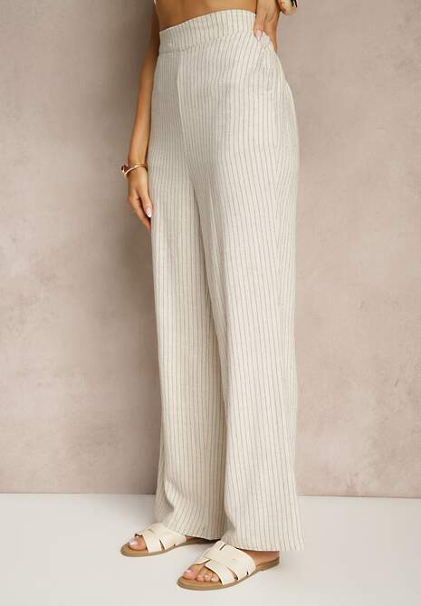 Beżowe Szerokie Spodnie High Waist z Lnu i Bawełny Ivelpio