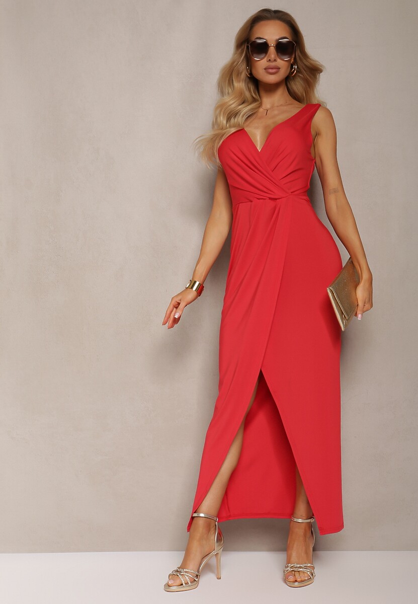 Czerwona Kopertowa Sukienka w Koktajlowym Stylu z MarszczeniemKalkisa