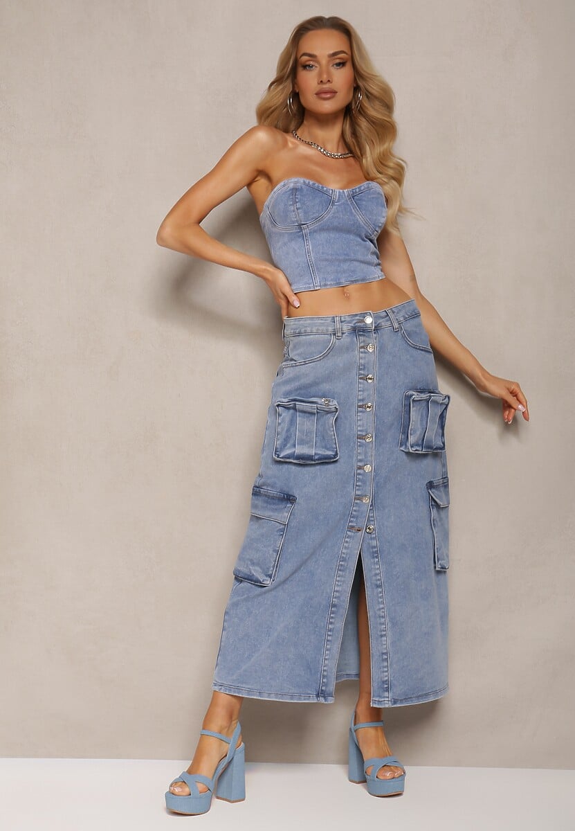 Niebieska Casualowa Jeansowa Spódnica High Waist Ozdobiona z Przodu Guzikami i Kieszeniami z Klapami Teriara