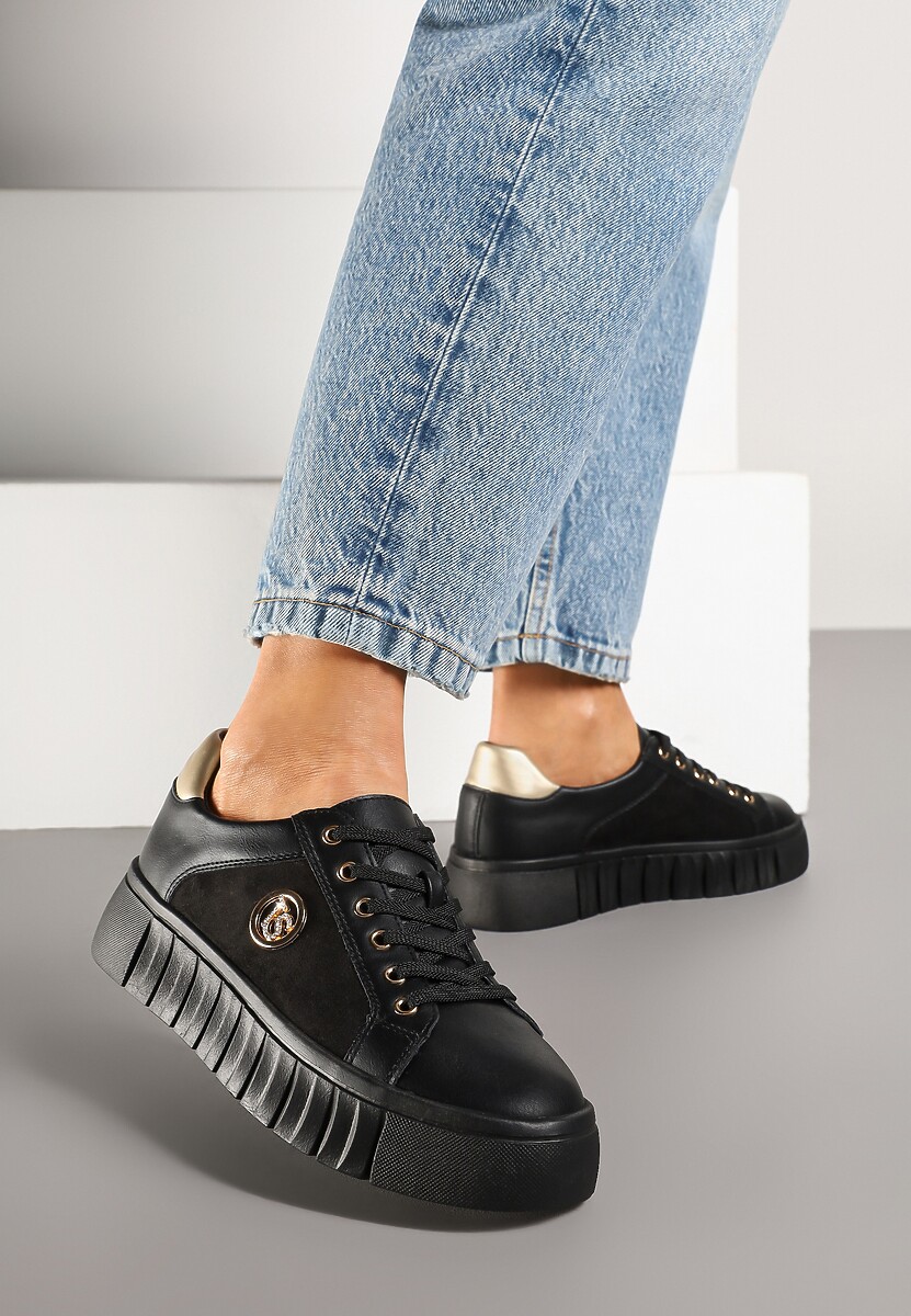 Czarno-Złote Sznurowane Sneakersy Vices na Platformie z Tłoczeniem i Metaliczną Aplikacją Lavfedi