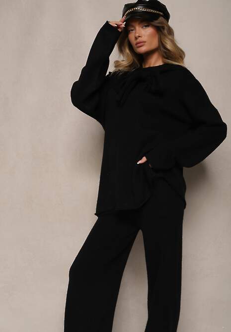 Czarny Komplet Oversize z Dzianiny Sweter z Wiązaniem i Spodnie o Szerokim Kroju Emmige