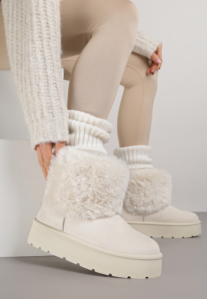 Beżowe Śniegowce z Cholewką za Kostkę Ocieplane z Futerkiem i Małą Kokardą Reinedia