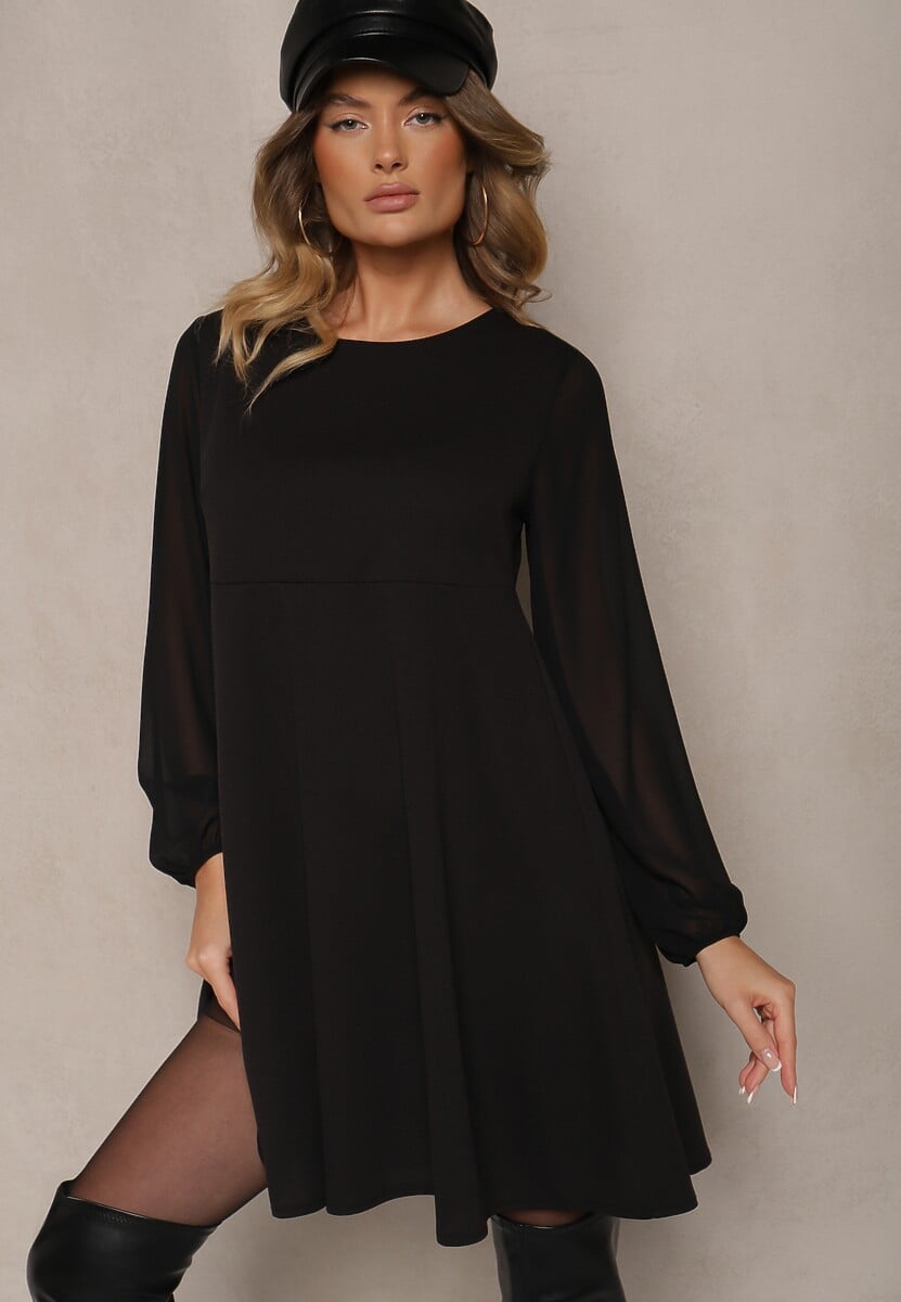 Bordowa Rozkloszowana Sukienka z Bufiastymi Rękawami z Siateczki Edanithe