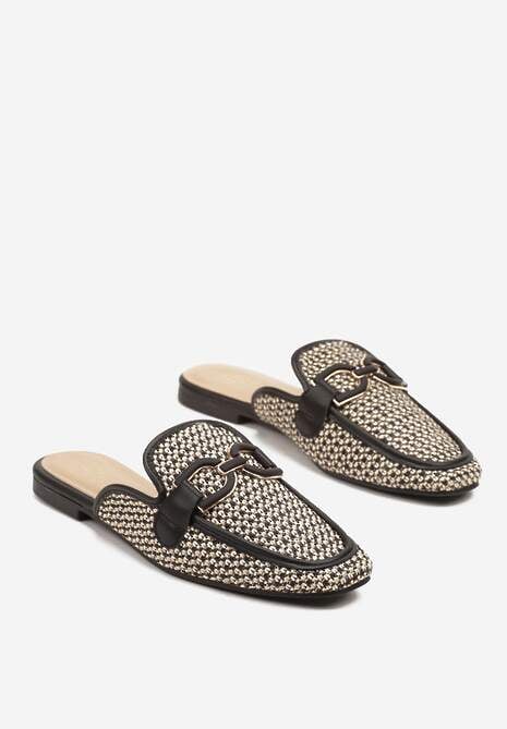 Czarne Klapki Mule Ozdobione Plecionką i Klamrą Nimiriella