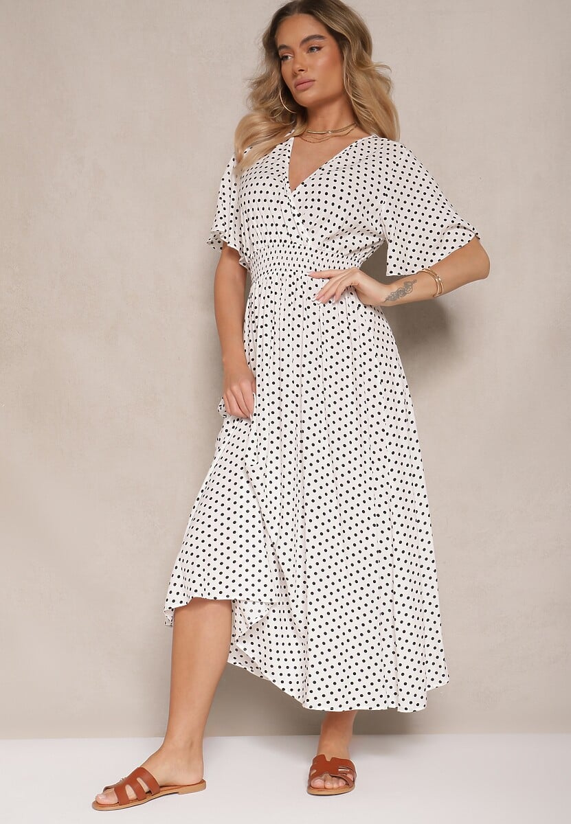 Biała Sukienka z Bawełną i Kopertowym Dekoltem ze Wzorem w Kropki Ldivona