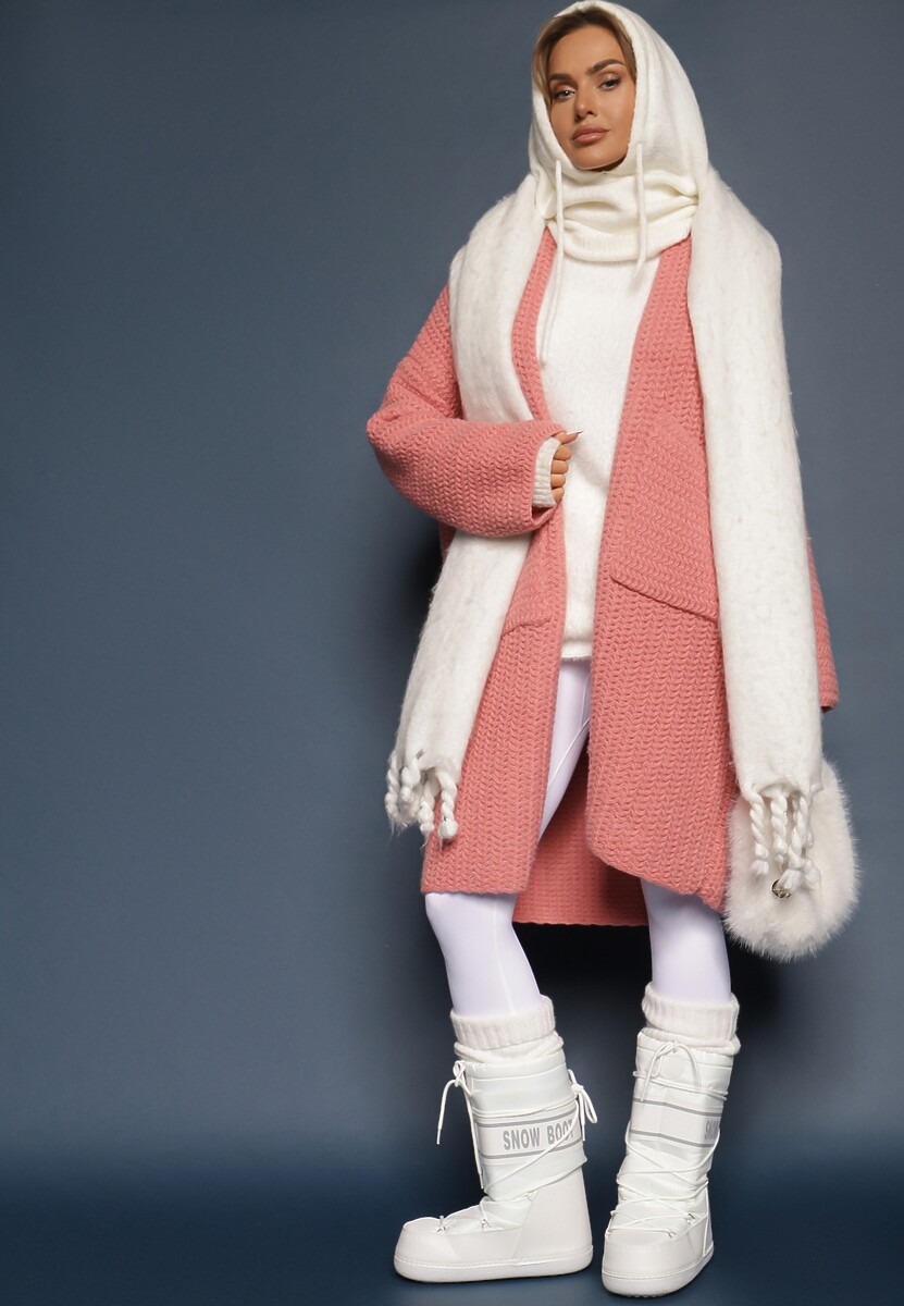 Różowy Kardigan Bez Zapięć Zdobiony Luźnym Splotem i Wsuwanymi Kieszeniami Calineth