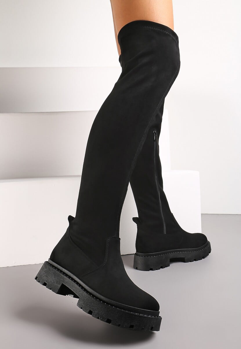 Czarne Kozaki za Kolano na Grubej Podeszwie Dolce