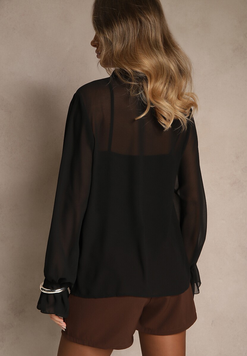 Czarna Siateczkowa Koszula VICES Zdobiona Falbankami i Wiązaniem Zevoria