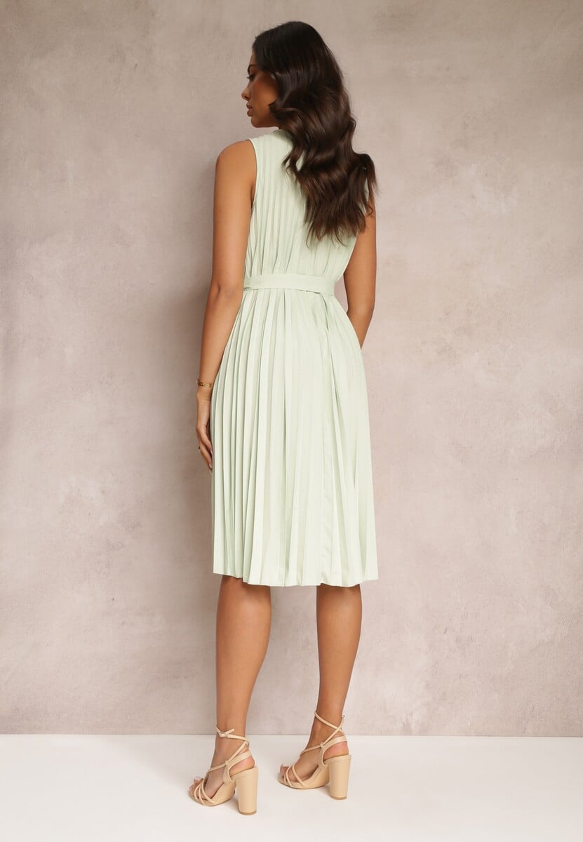 Miętowa Sukienka Midi z Plisowanej Tkaniny z Materiałowym Paskiem Eudoxia