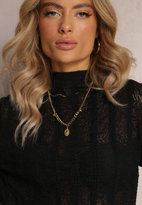 Czarna Bluzka z Ażurowymi Drobnymi Wycięciami Sophanne