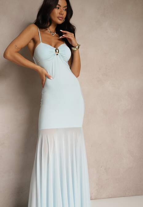 Niebieska Sukienka na Ramiączkach z Wiskozą z Siateczkowym Zdobieniem Savorielle