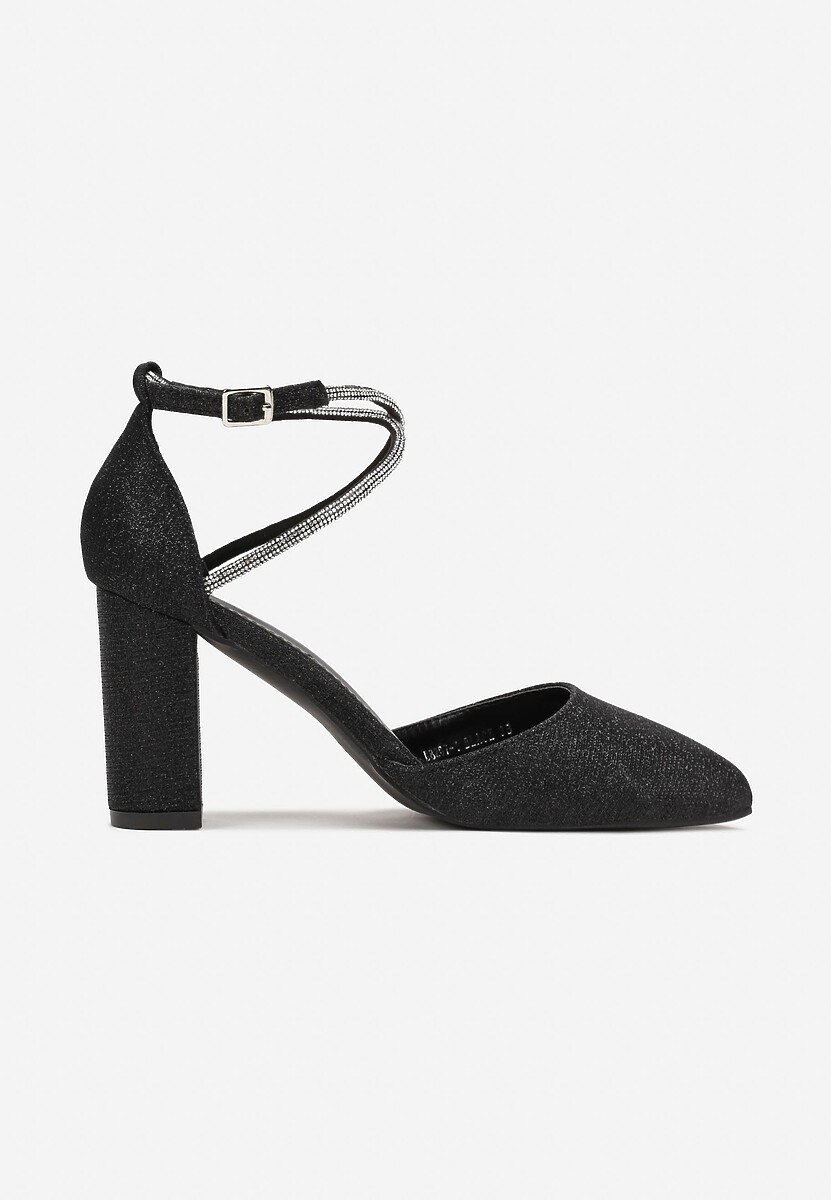 Czarne Czółenka Brokatowe na Słupku z Paskiem z Cyrkoniami Keshe