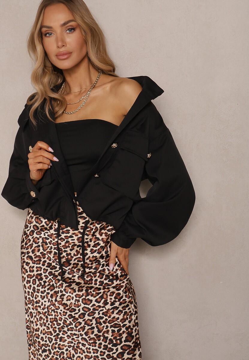 Beżowa Pudełkowa Kurtka ze Stójką i Troczkiem w Pasie Zdobiona Guzikami Casalla