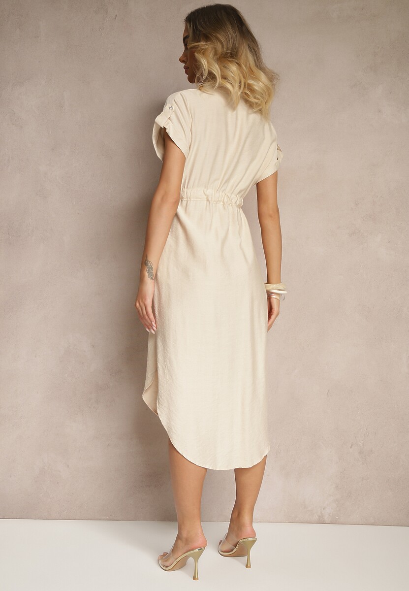 Beżowa Koszulowa Rozkloszowana Sukienka z Wiskozy z Paskiem Katilene