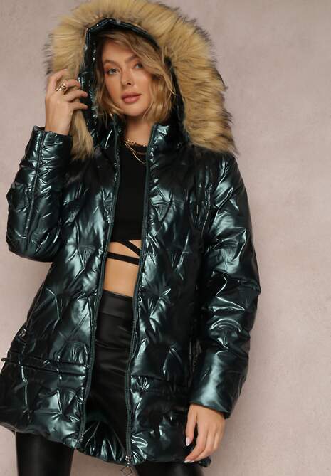 Ciemnozielona Kurtka Metaliczna z Futrzanym Kapturem Kajol