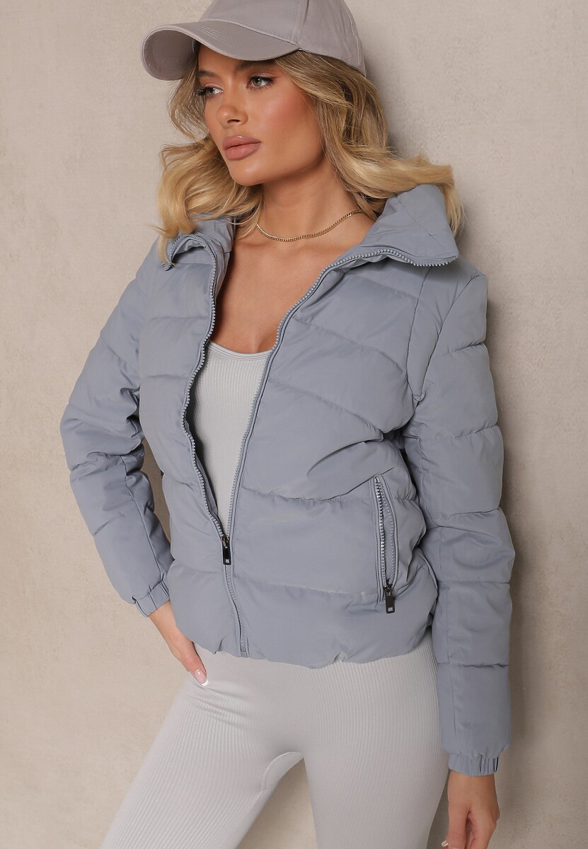 Niebieska Kurtka o Prostym Kroju ze Stójką i Pikowanymi Przeszyciami Mireriel