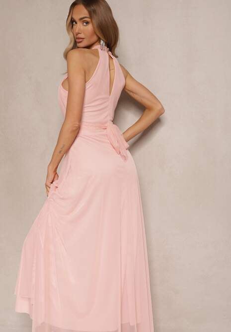 Różowa Sukienka Koktajlowa z Siateczką Wiązana Materiałowym Paskiem ze Stójką Nestassi