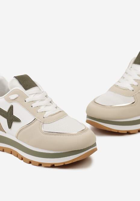 Beżowo-Zielone Sneakersy na Niskiej Platformie z Ozdobnymi Wstawkami na Cholewce Suno